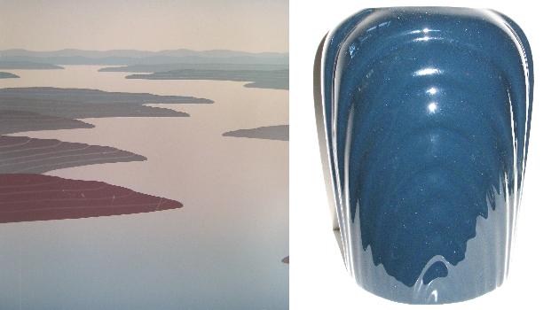 Left: Rio Mesa Blue II by Scott Nellis; Right: An '80s Deco ceramic vase Left: Rio Mesa Blue II by Scott Nellis; Right: An '80s Deco ceramic vase