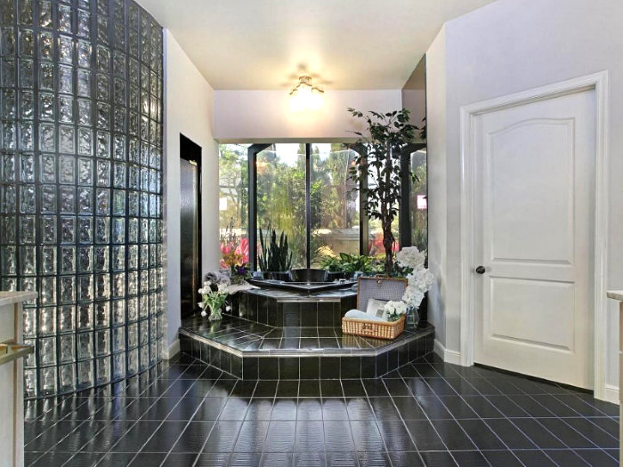 1980s bathroom with glass block and black tile