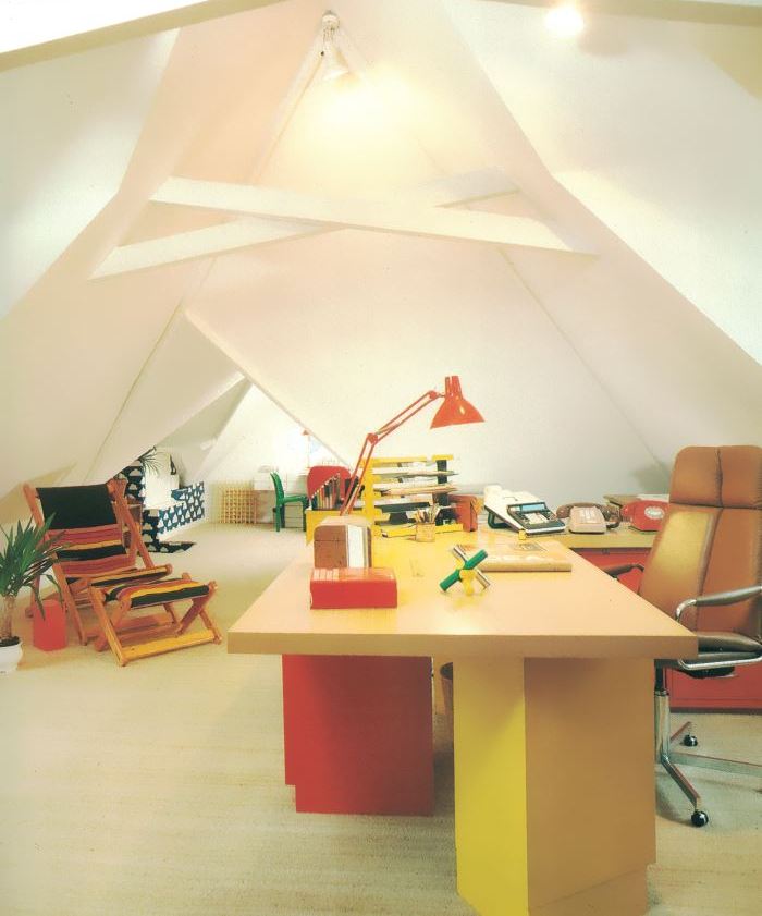 1980s attic office with primary colors