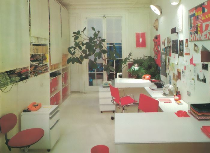 1980s office with bright red accents