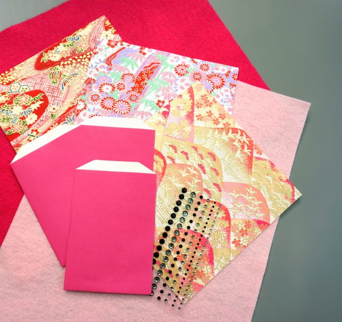 Origami paper, envelopes and rhinestone stickers