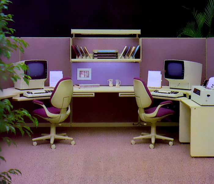 Pastels meet the '80s office
