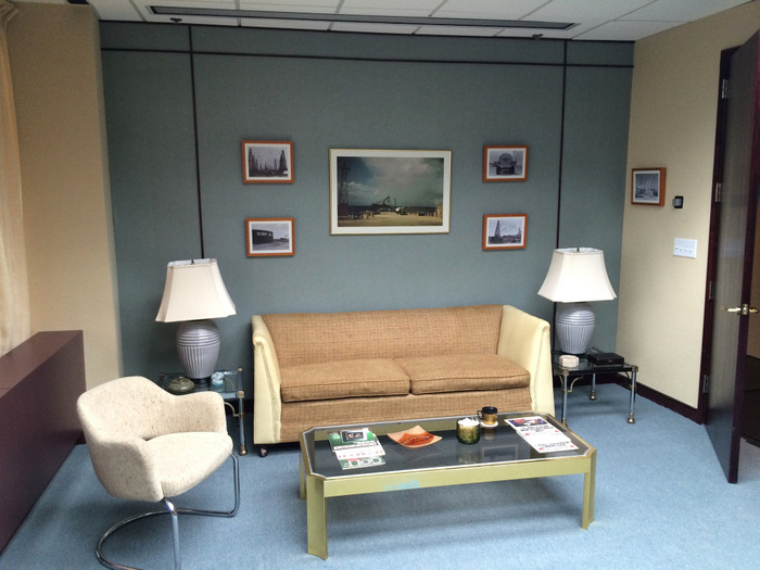 A sleek, polished waiting room area from the HCF set (photo credit: Lance Totten)