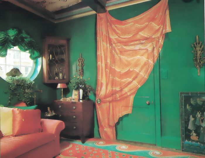 1980s living room with painted drapery