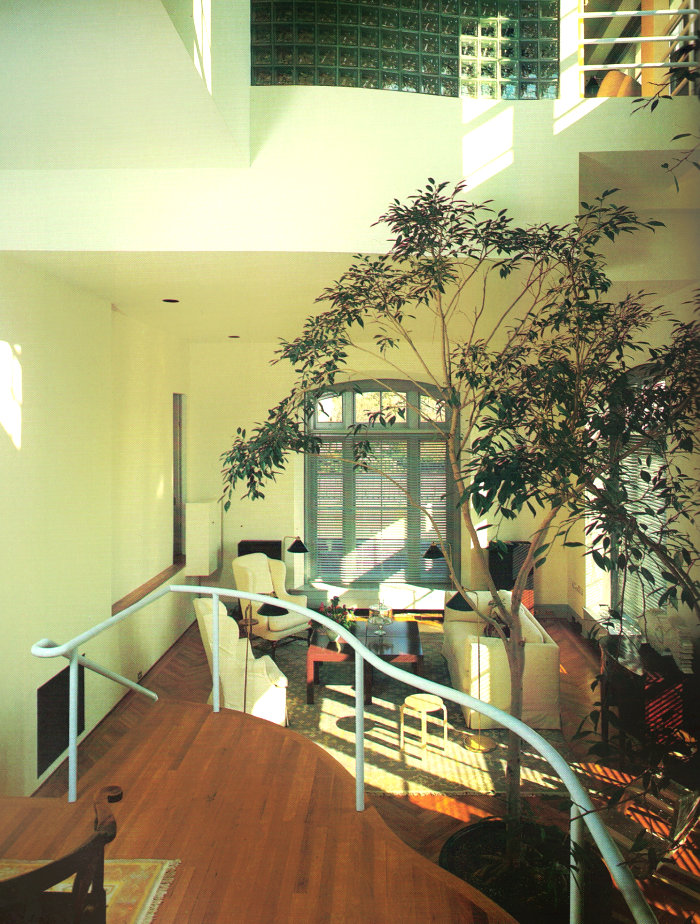 '80s interior with a metal railing