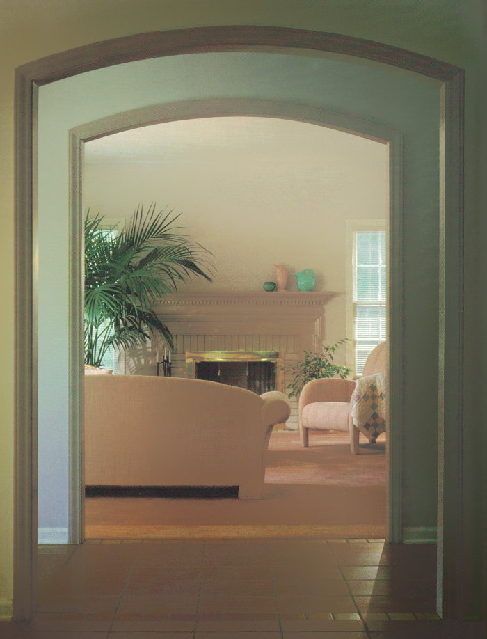 View into an '80s pastel living room