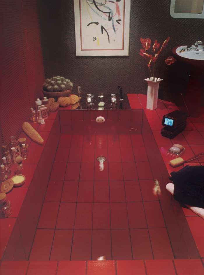 '80s bathroom with red tile