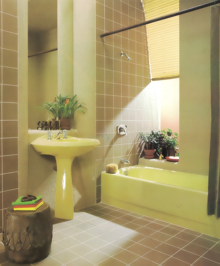 '80s bathroom with yellow tub and sink