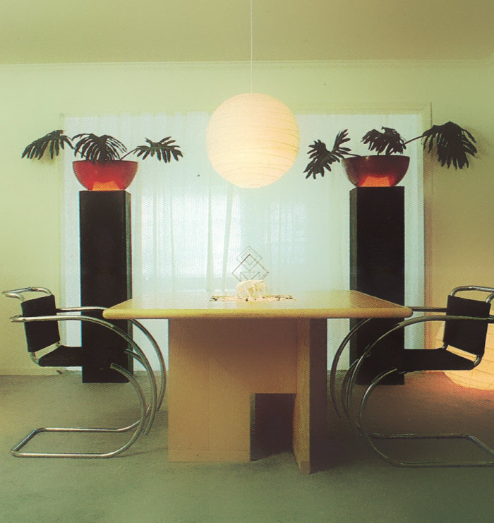 An '80s modern dining room with Asian flair