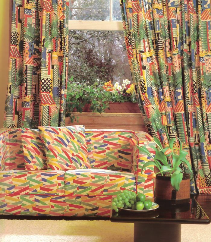 Colorful textiles in a 1980s living room