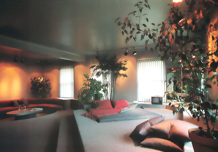 '80s bedroom with a conversation pit